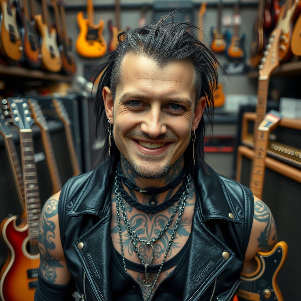 Gothic Music Enthusiast Surrounded by Guitars in Hyperrealis...