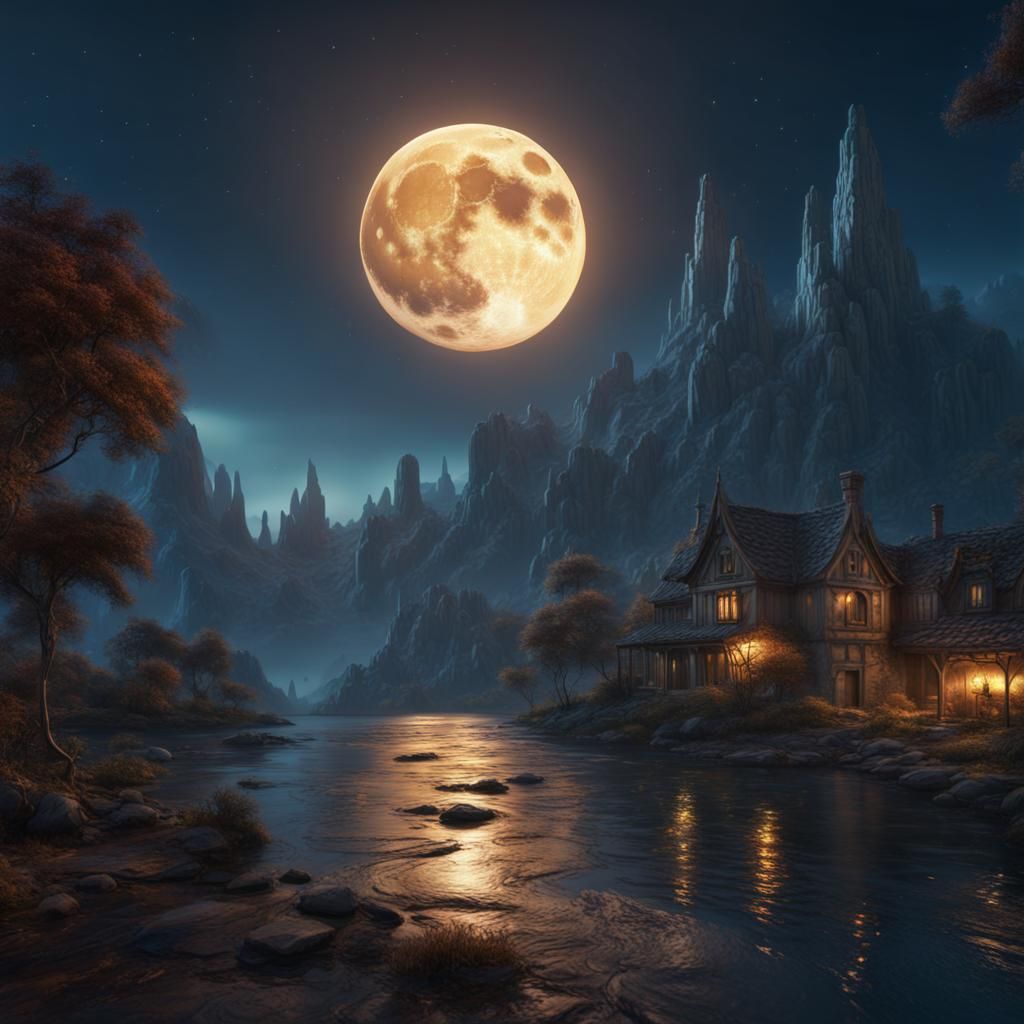 Impressionist Full Moon Art in Deep Color