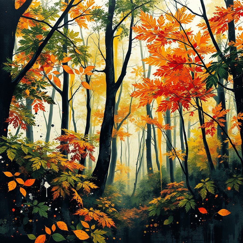 Colorful Forest Scene in Graffiti Splash Art Style