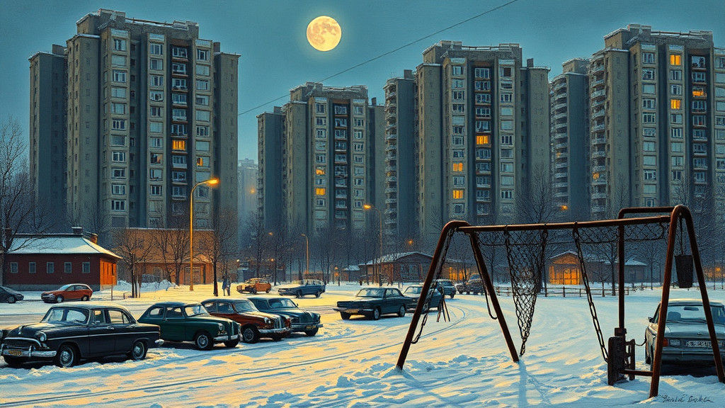 Snowy Soviet Cityscape in Expressive Impasto Style