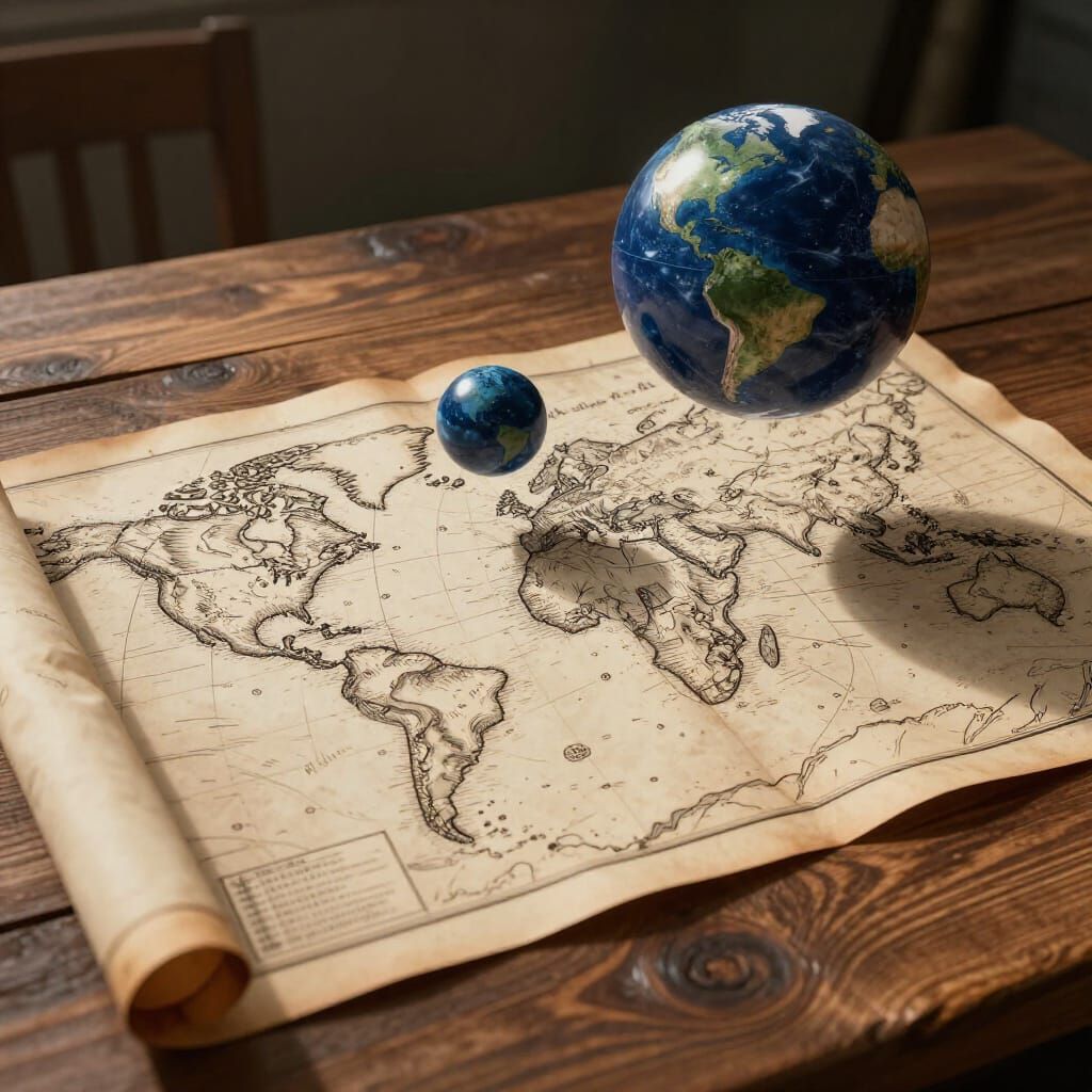 3D Orbs Above Vintage Hand-Drawn Map