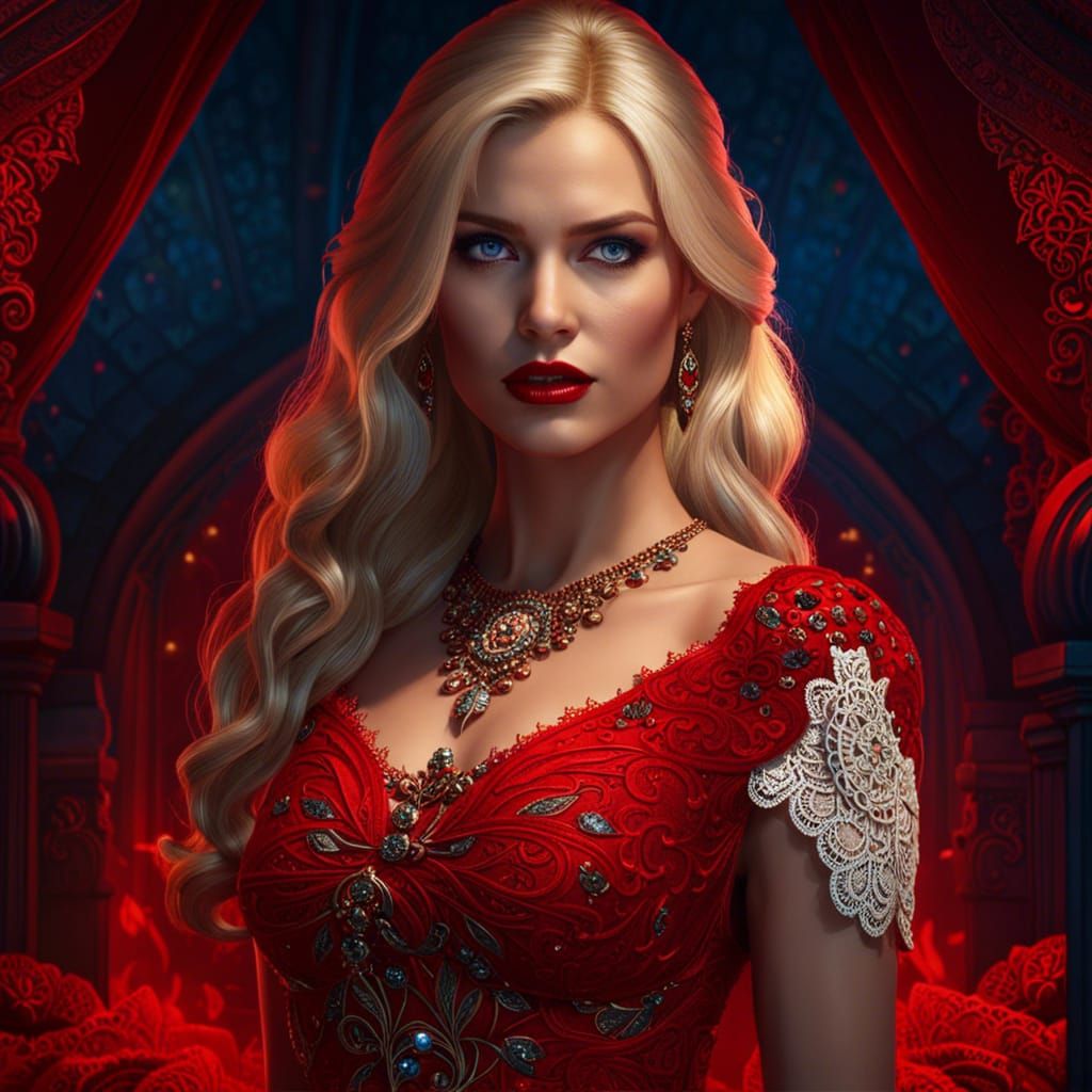 Blonde Woman in Red Dress: Dark Fantasy Art