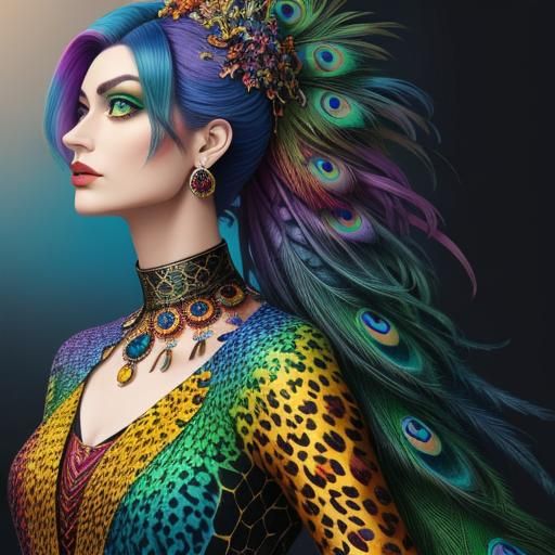 Rainbow Dragon Woman: Abstract Art with Fine Details