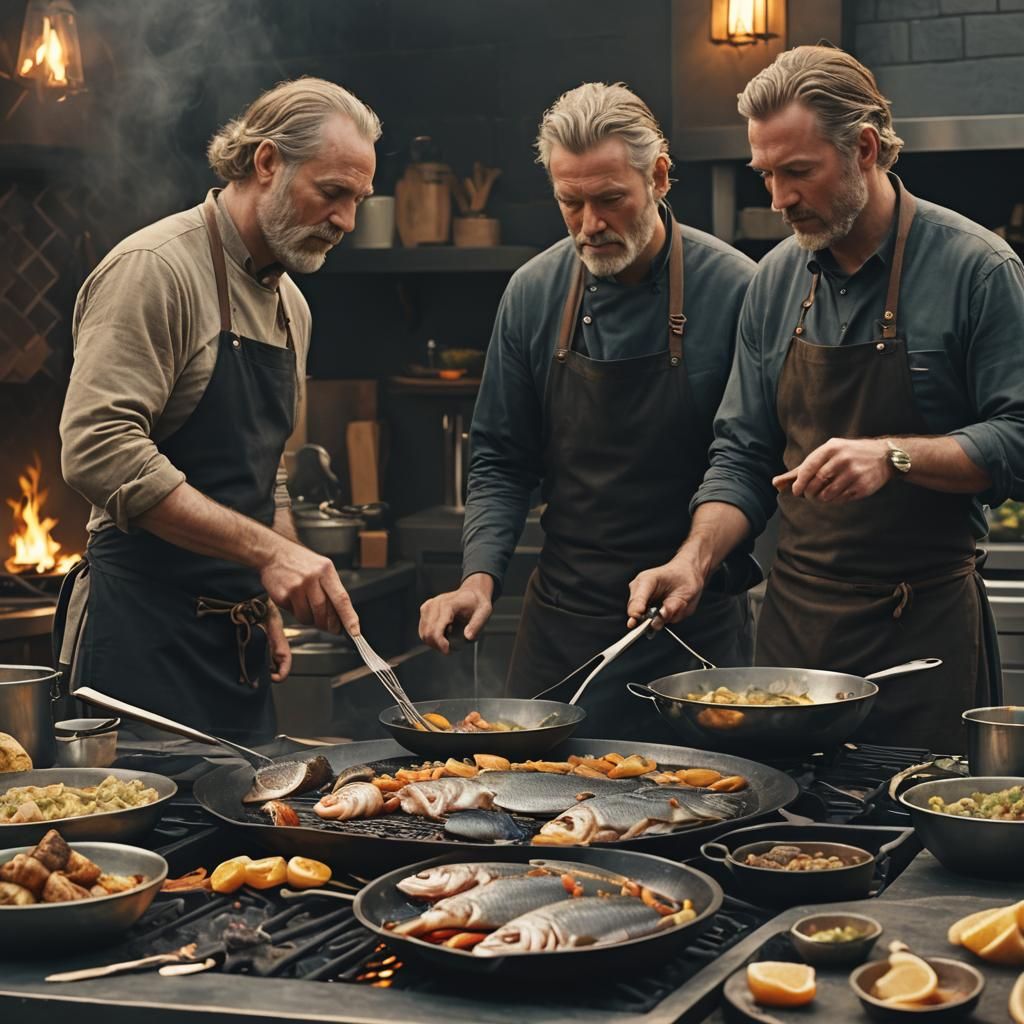 Celtic Men Cooking Fish in Modern Kitchen