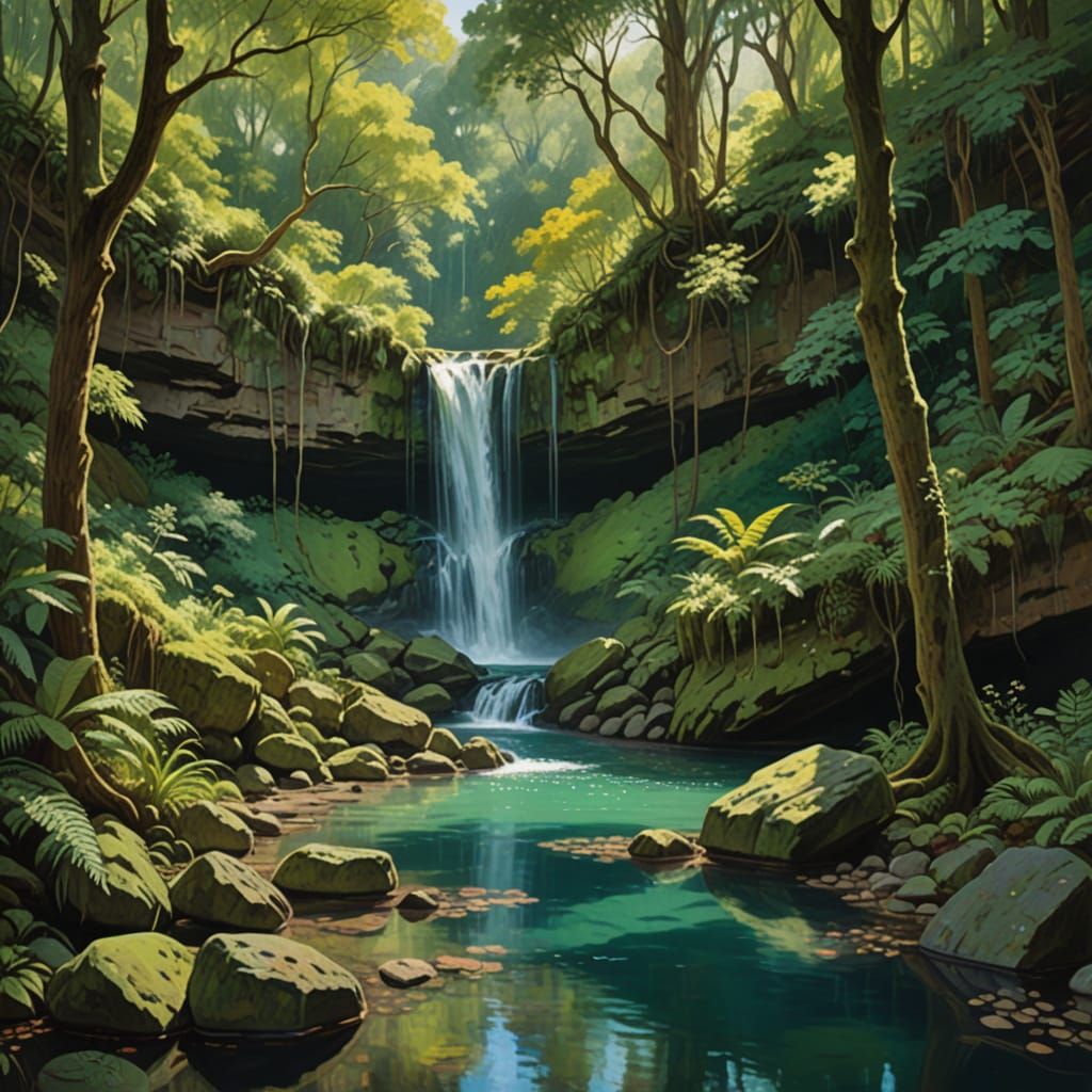 Hidden Waterfall in Impressionistic Style