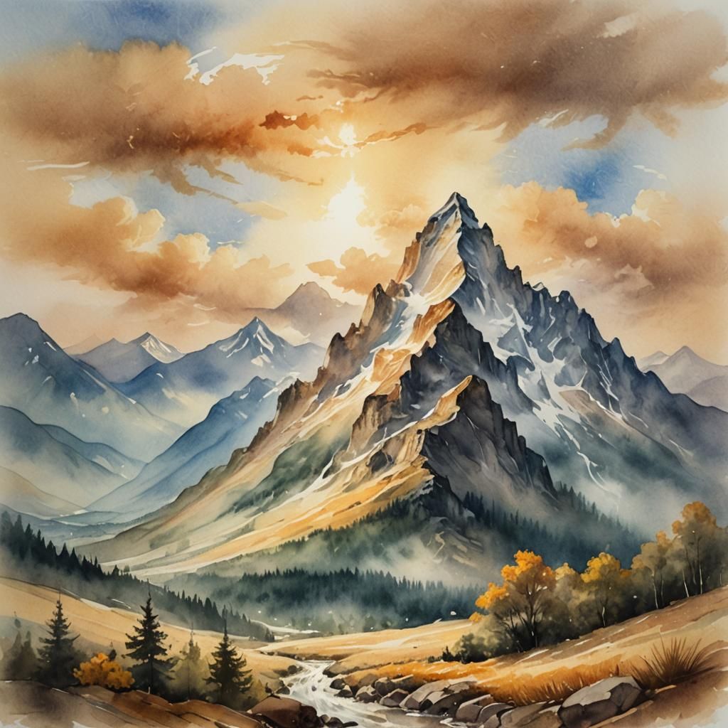 Majestic Mountain in Watercolor Impressionism