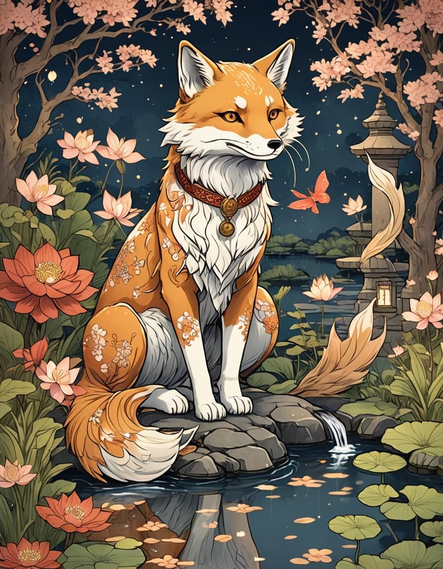 Kitsune in Enchanted Twilight Garden: Manga Sketch