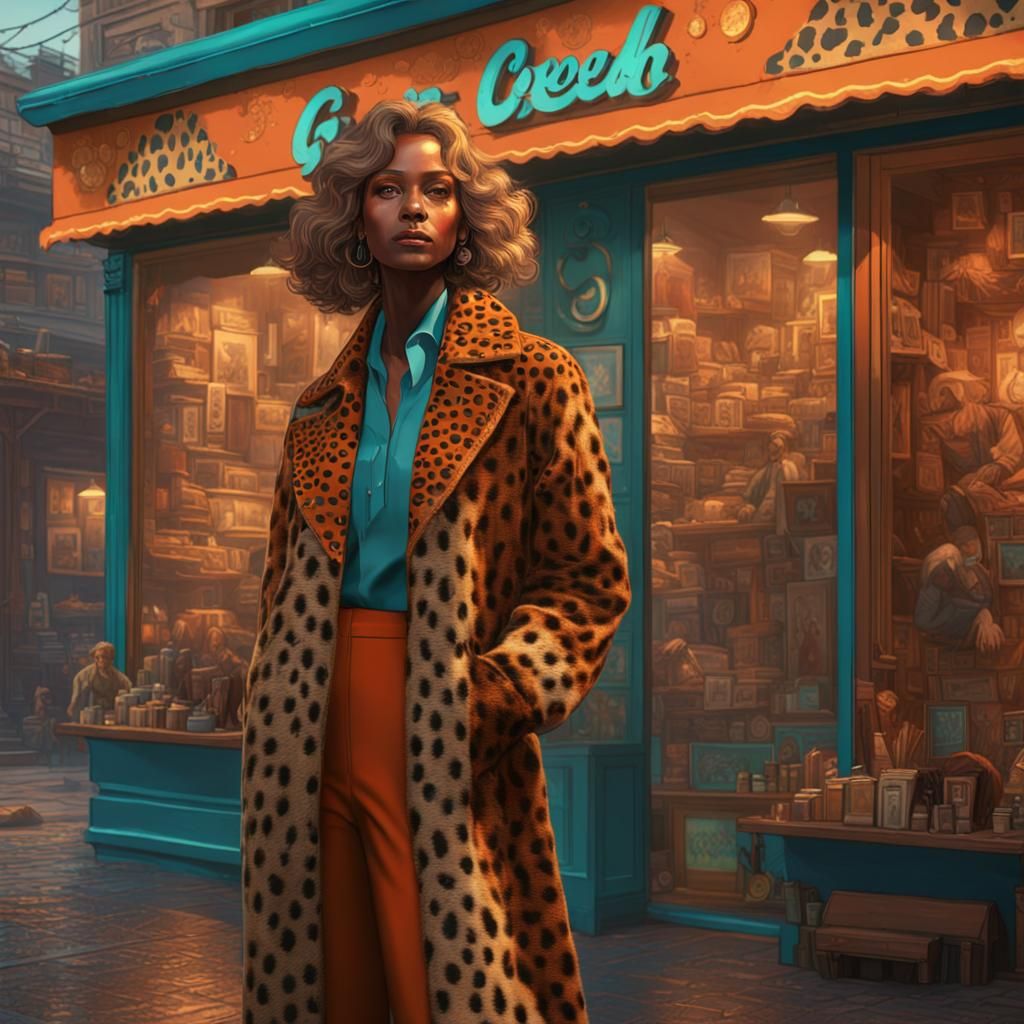 Woman in Cheetah Coat: 1970s Art Nouveau Style