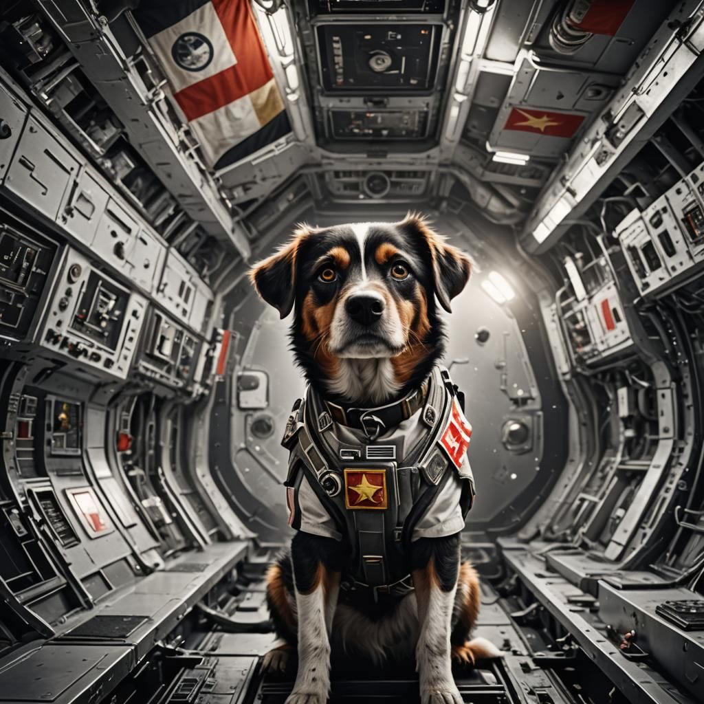 Dog in Rocket Orbiting Space: Cinematic Digital Art