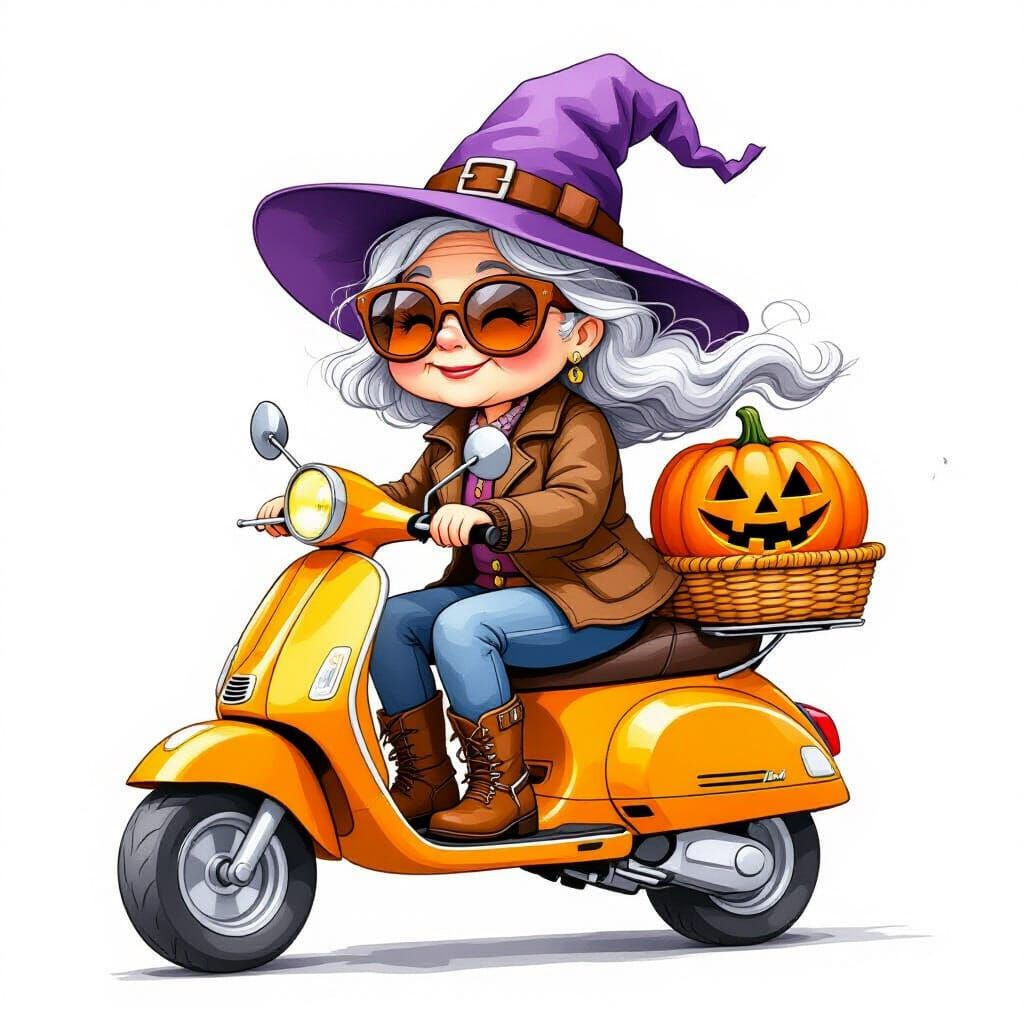 Whimsical Granny Rides Scooter with Jack-o'-Lantern