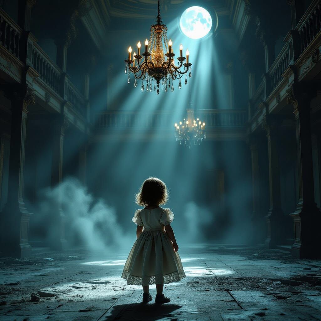 Child in Tattered Dress in Decaying Ballroom