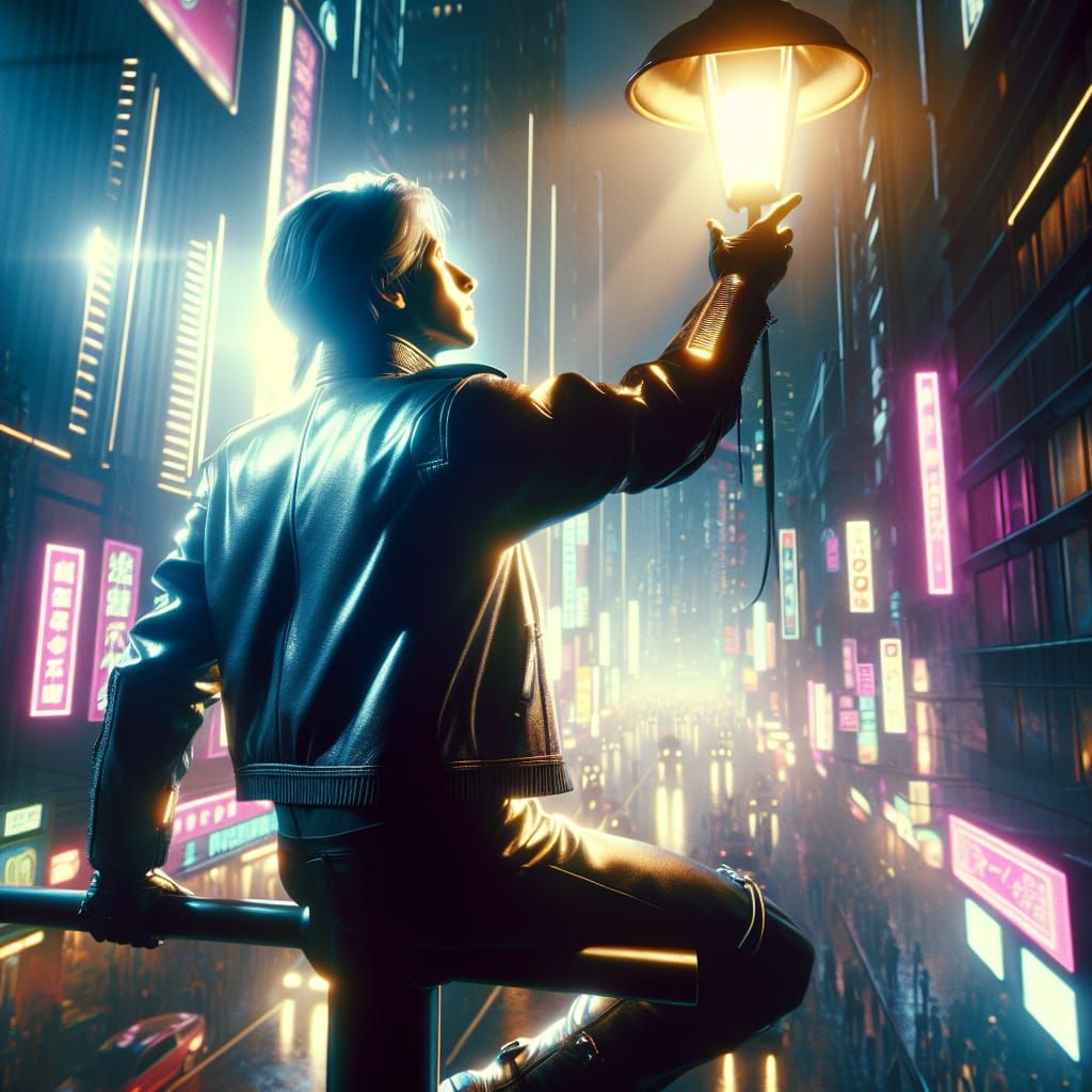 Cyberpunk Figure Reaching for Light in Neon City