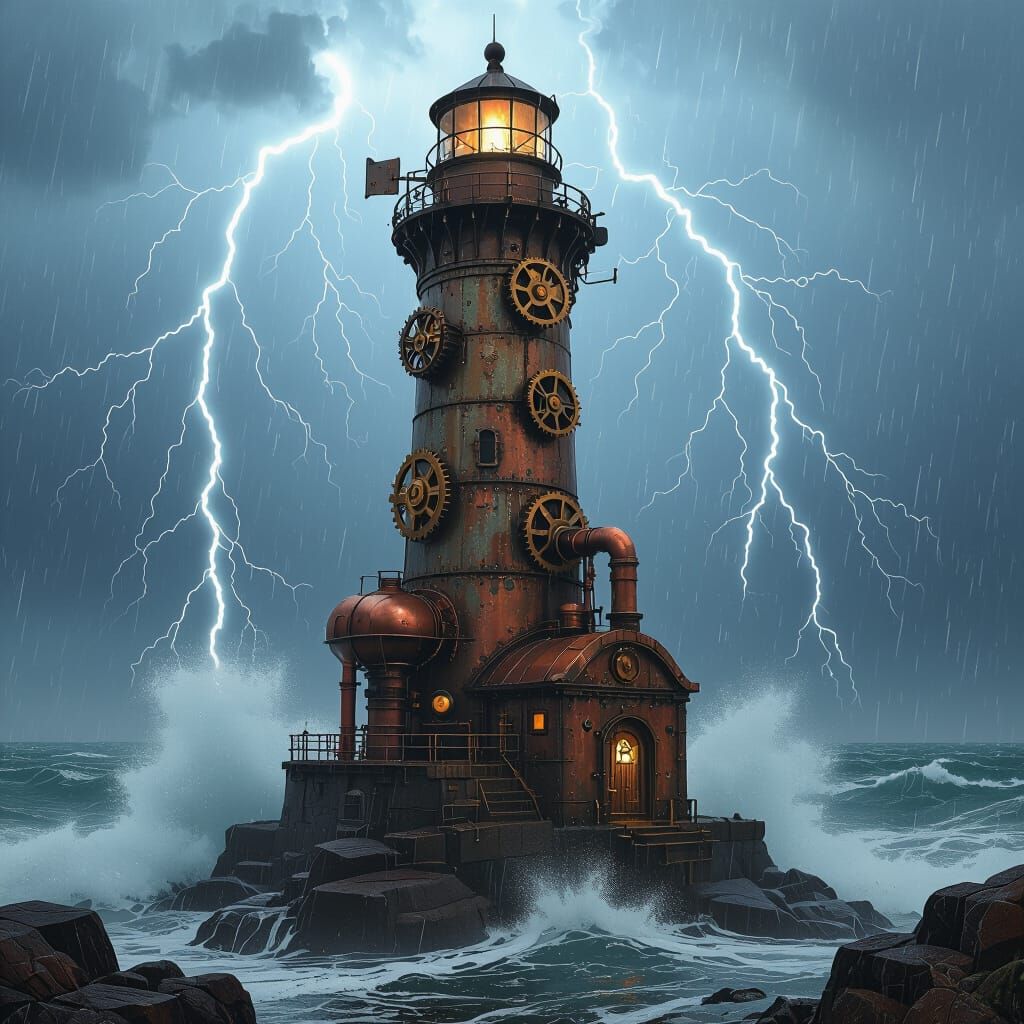 Steampunk Lighthouse in Stormy Seas