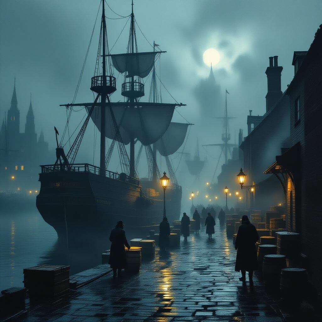 18th Century London Docks in Foggy Night