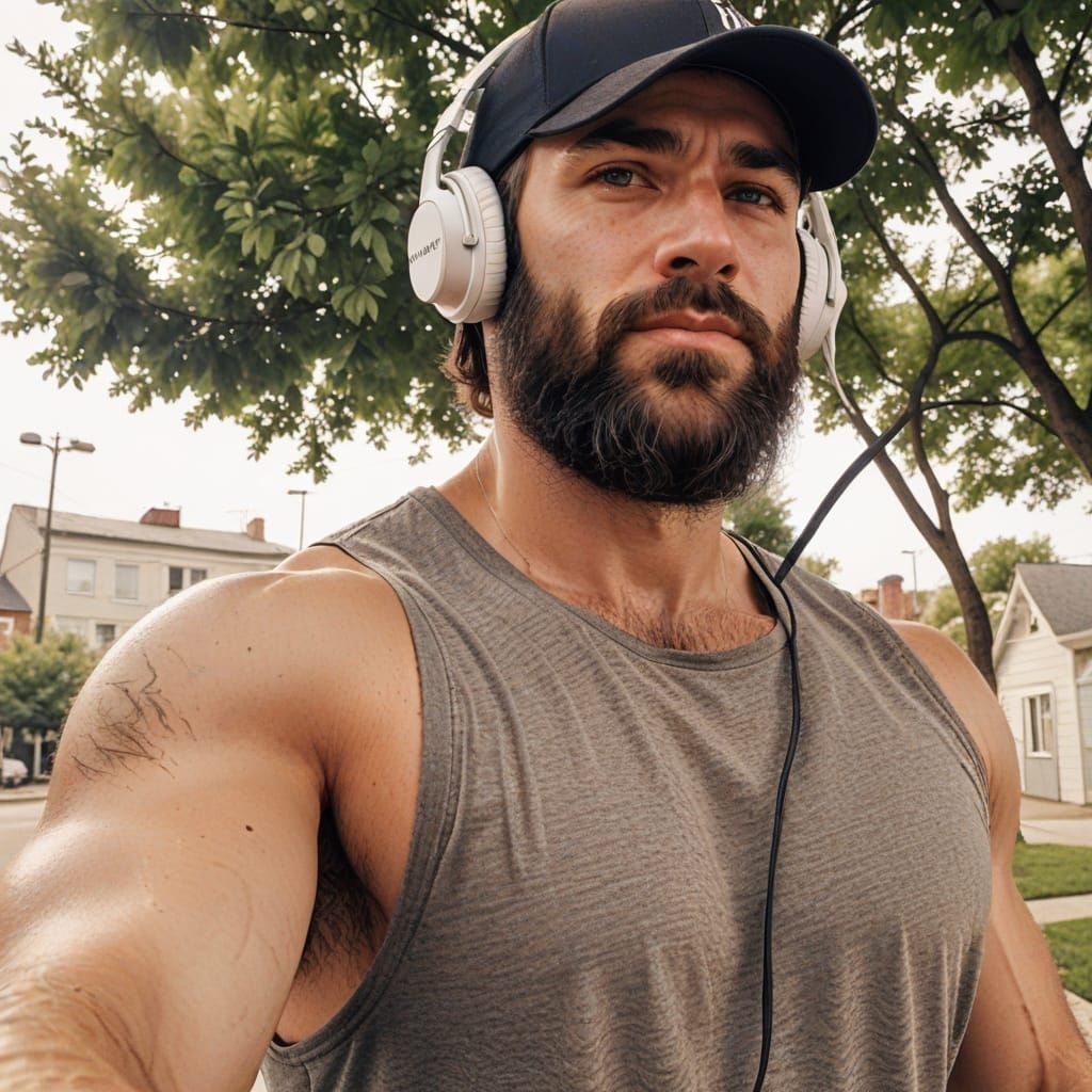 Hyper-Realistic Selfie of a Hairy Man with Headphones