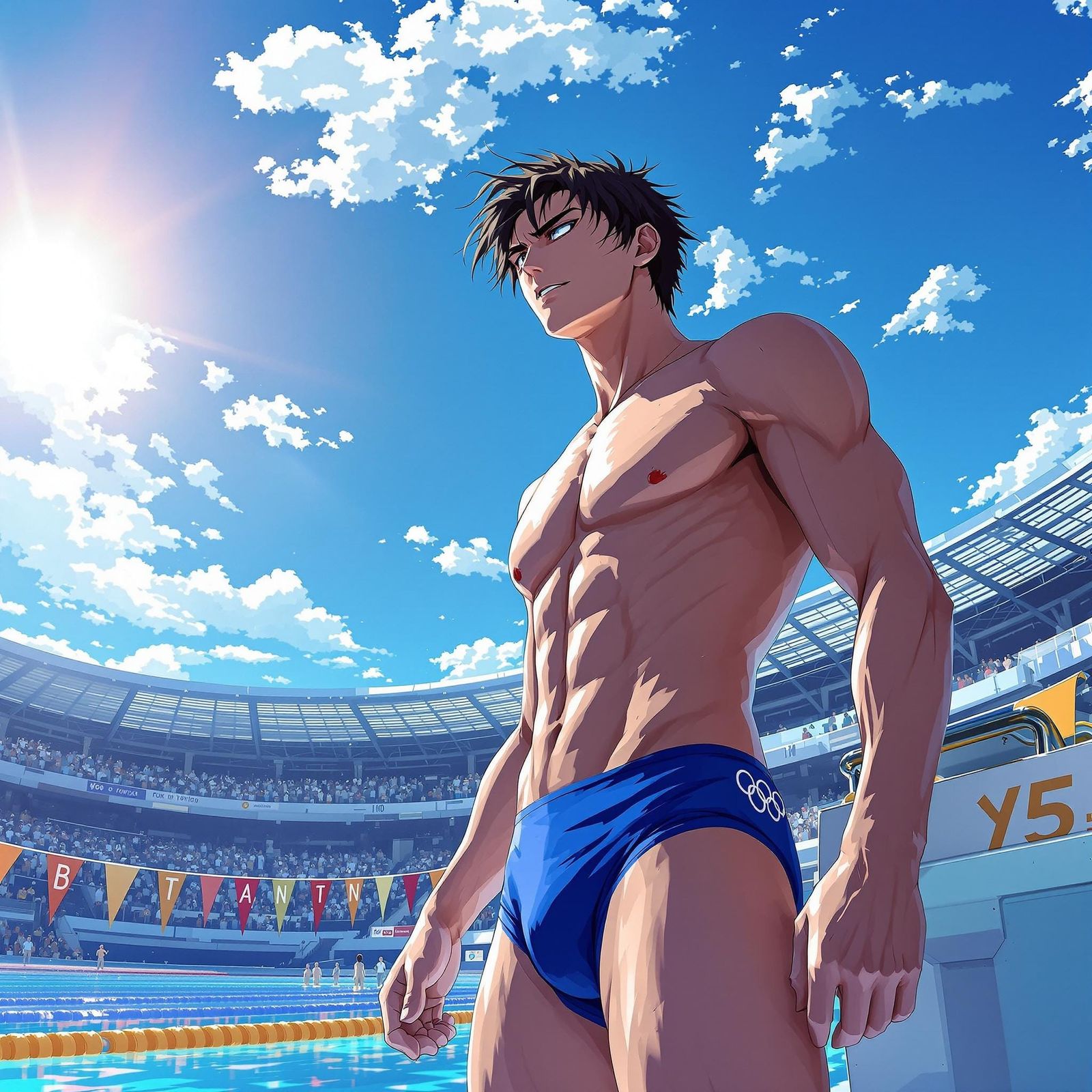 Anime-Style Swimmer Stands Poised Next to Olympic Starting B...