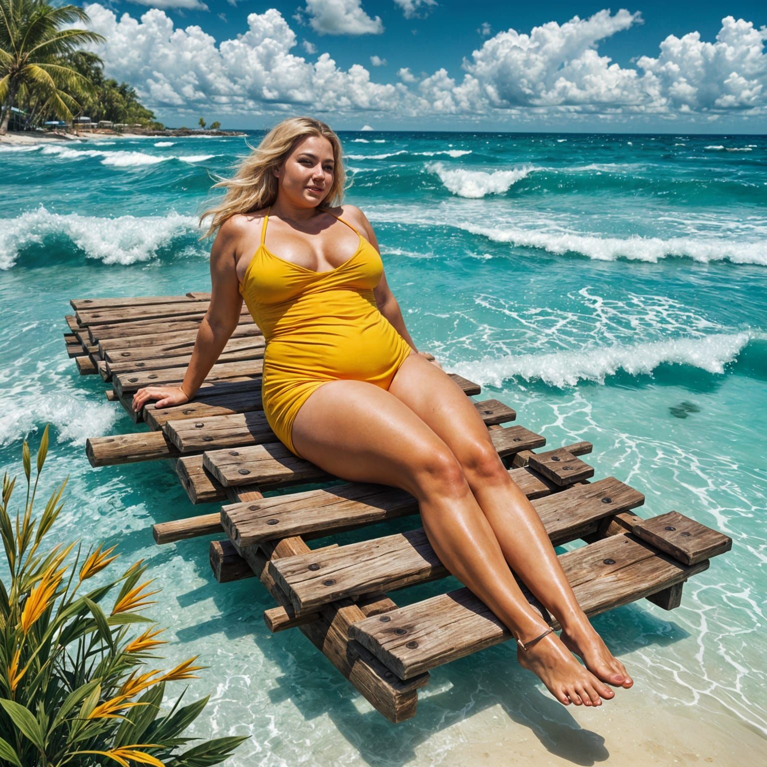 Surreal Tropical Beach Scene with Windswept Woman