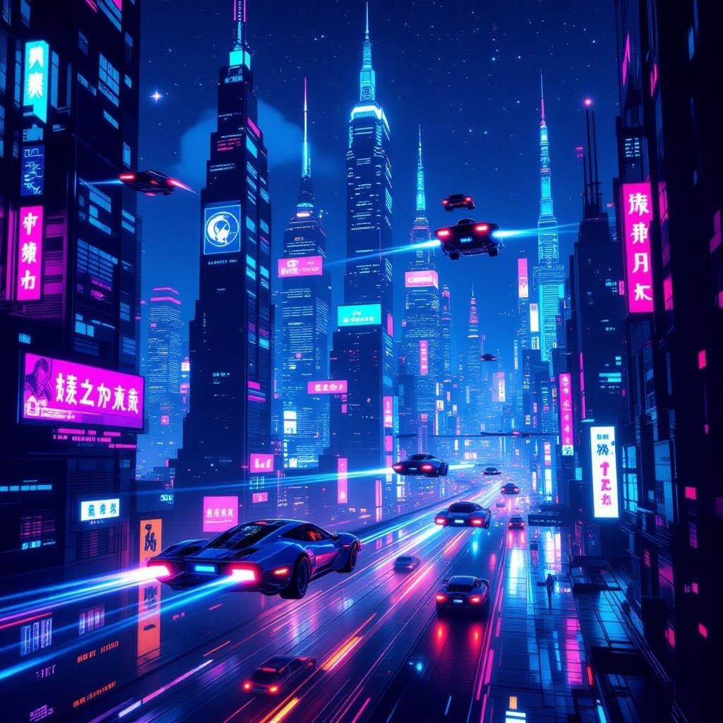 Cyberpunk Cityscape at Night with Neon Lights and Flying Car...