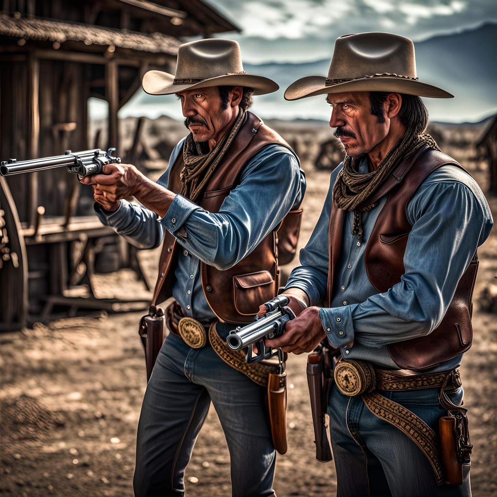 Hyperrealistic Cowboys Shooting Guns in High Contrast