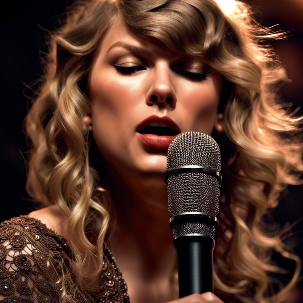 Taylor Swift Singing with Eyes Closed, Hyperrealistic Photo