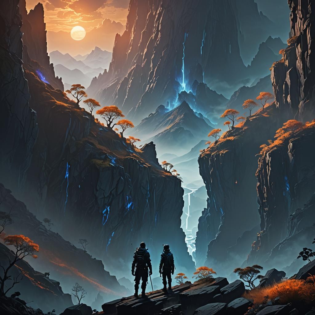 Epic Mountain Silhouette in Fantasy Landscape