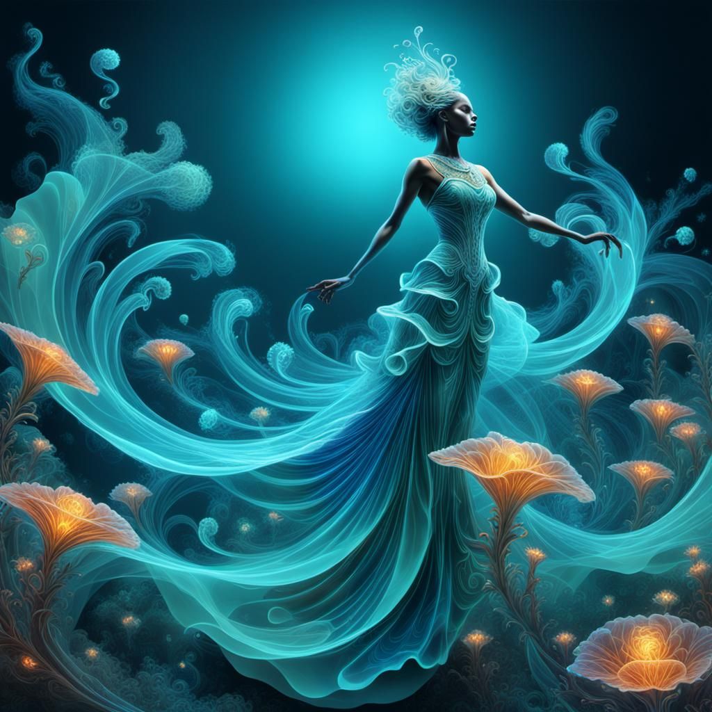 Bioluminescent Fractal Art Deco Underwater Scene