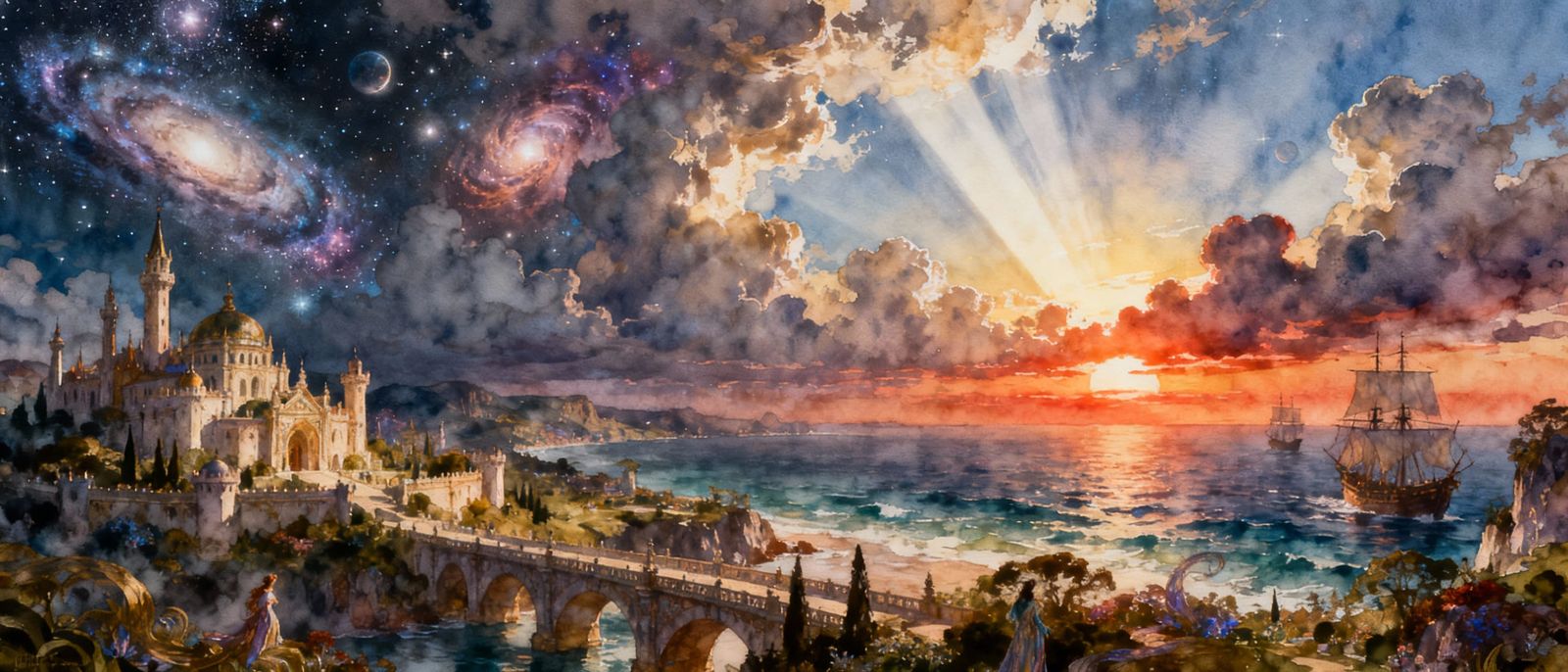 Fantasy Castle Landscape at Sunset in Watercolor Style