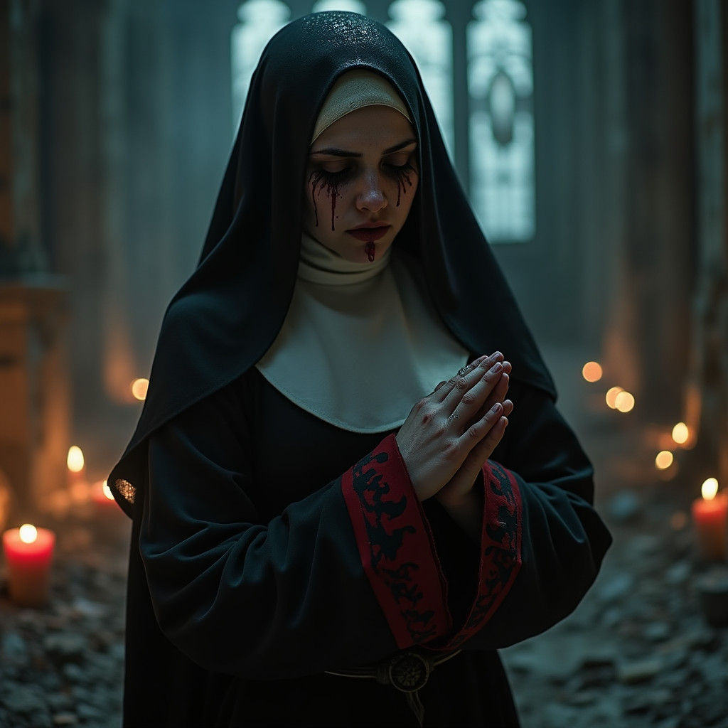Sinister Nun Praying in Ruined Cathedral