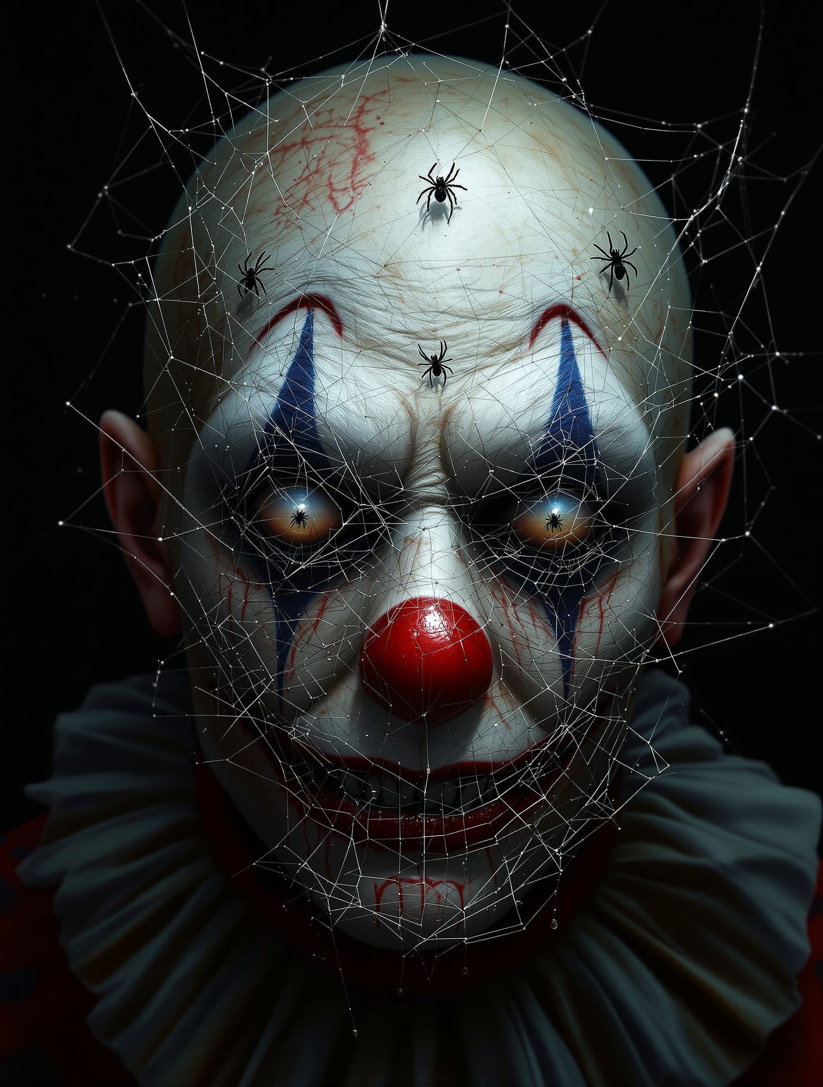 Grotesque Clown Face with Spiderwebs and Body Horror