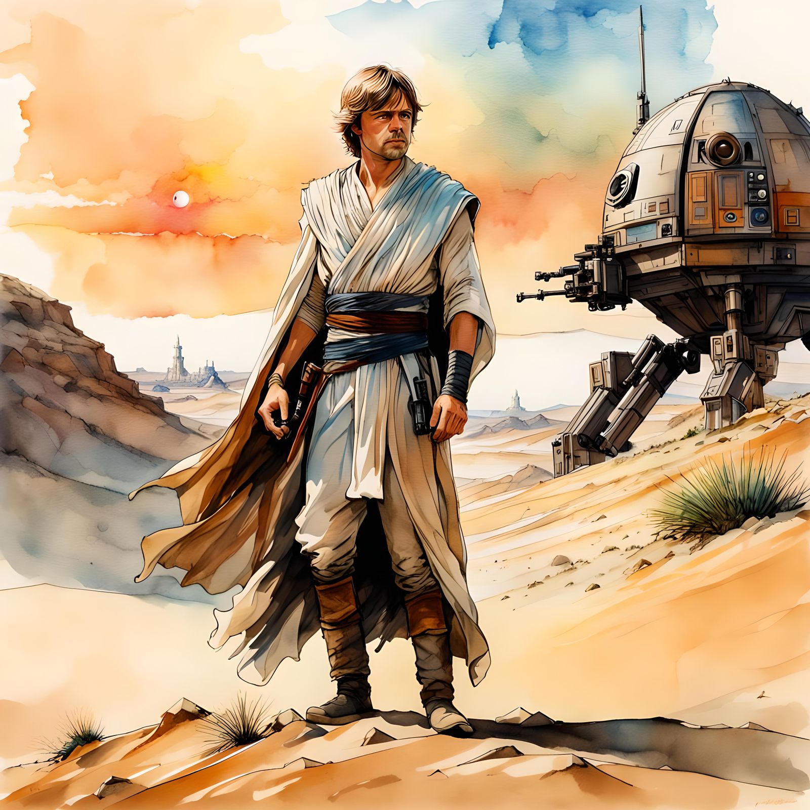 Luke Skywalker in Tatooine Desert, Watercolor Style