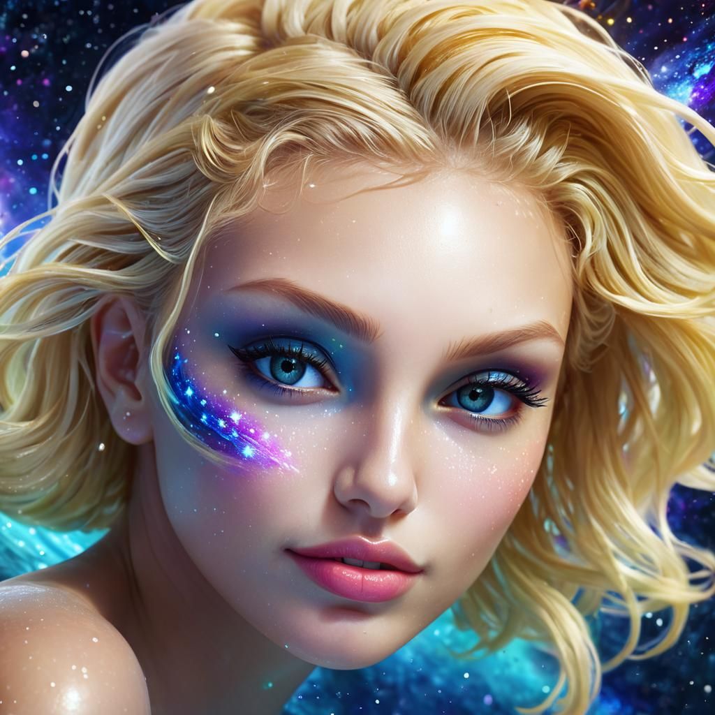 Cosmic Blonde: Hyperrealistic Portrait in Galactic Swirl