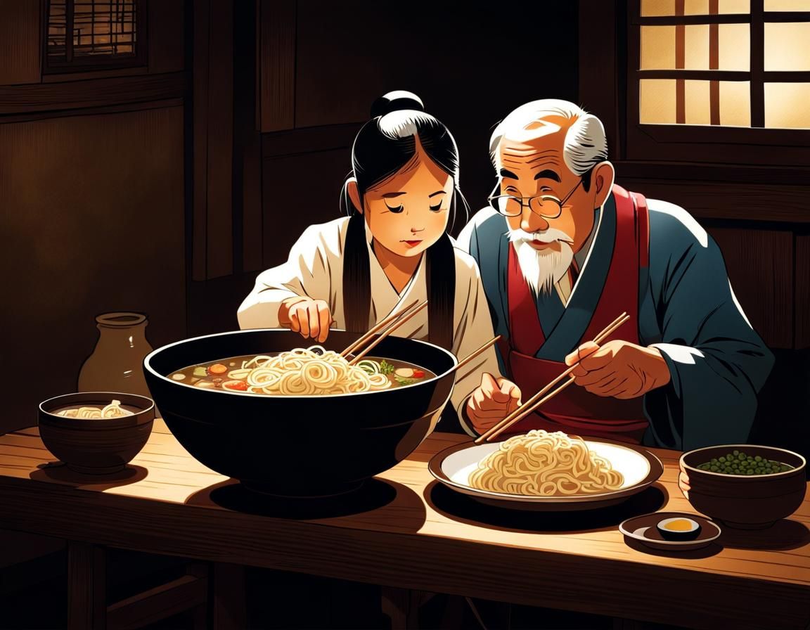 Grandfather and Granddaughter Share Ramen