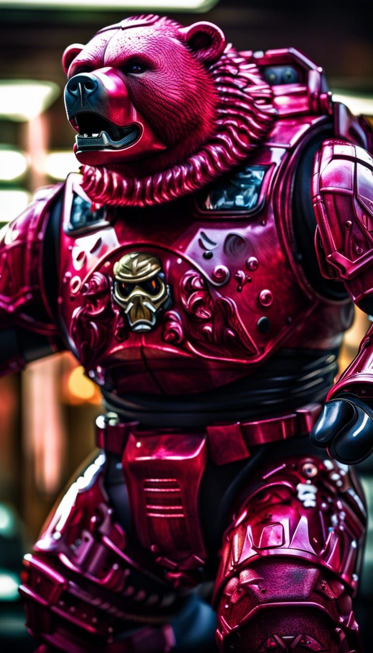 Excited Obese Bear in Ruby Exoskeleton Armor