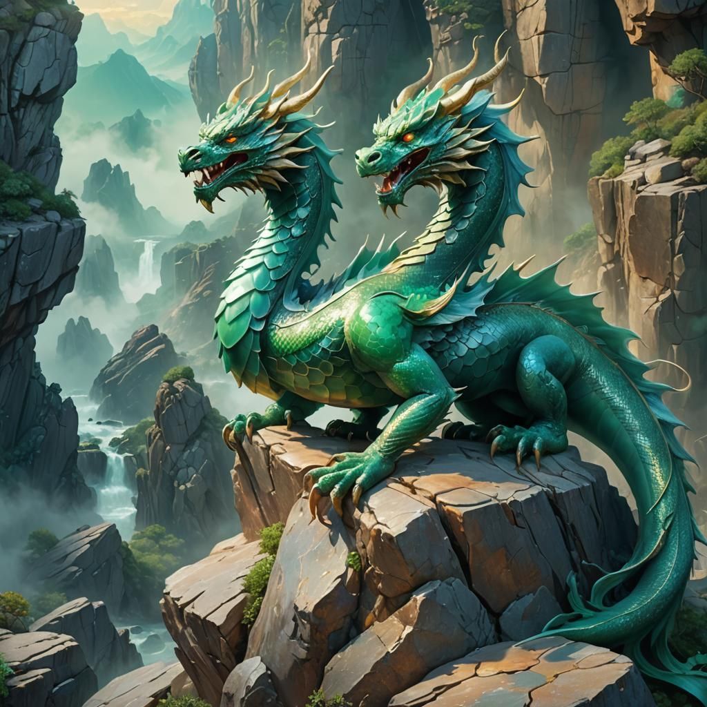 Epic Jade Dragon on Ancient Cliffside in Vibrant Oil Paintin...