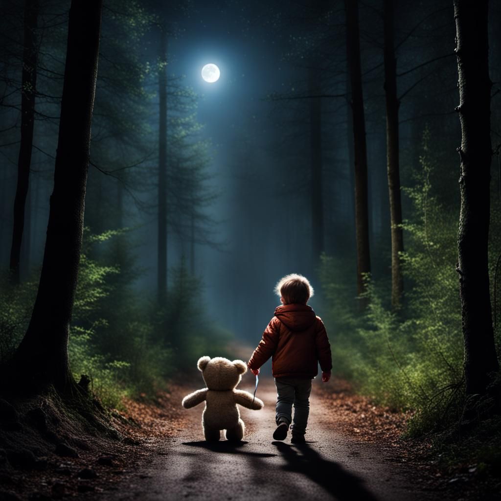 Orphaned Child Walks Dark Forest with Teddy