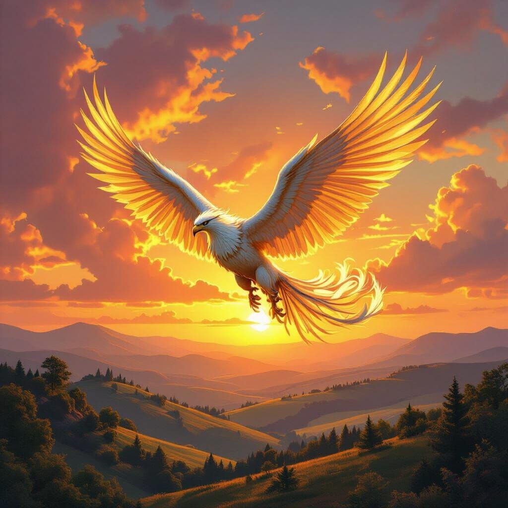 Griffin Soaring Through Sunset Sky, in Fantasy Style