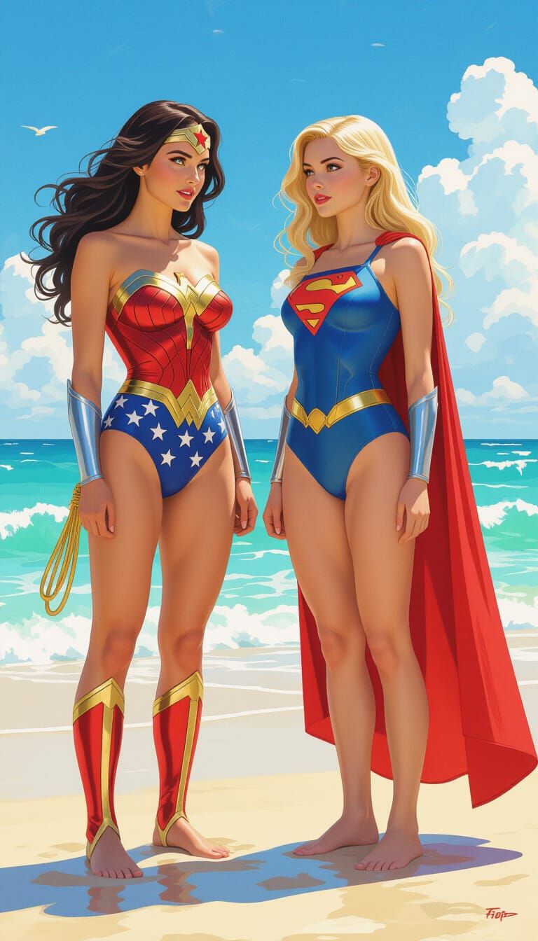 Wonder Woman and Supergirl at the Beach