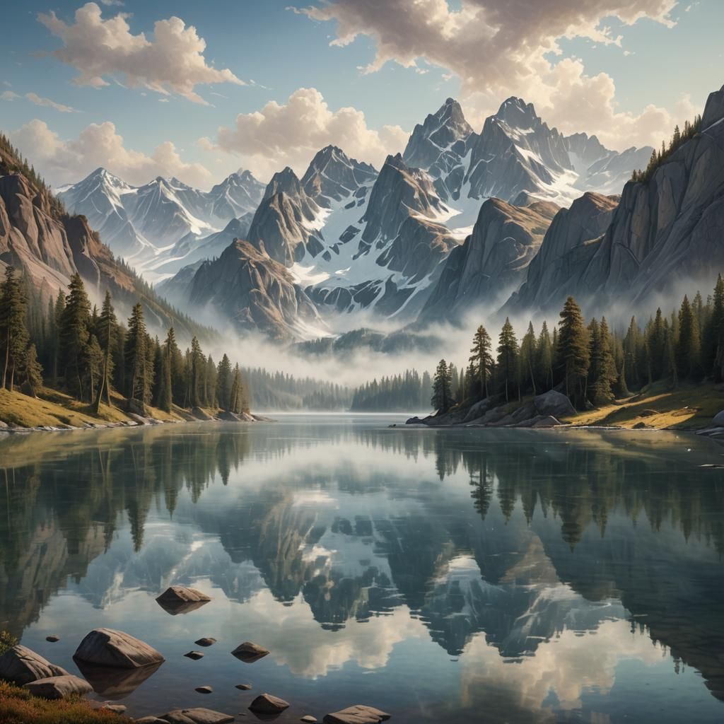 Serene Mountain Lake Landscape Art in Photorealistic Style