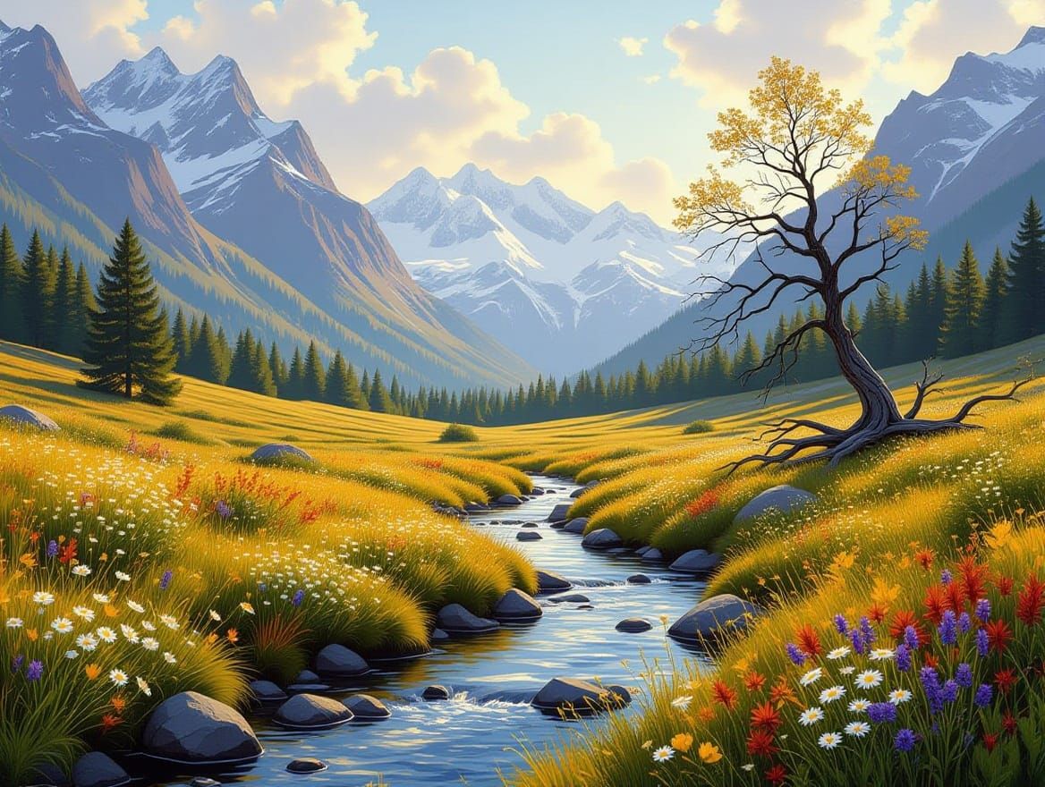 Serene Alpine Meadow in Early Autumn, in Hyper-Detailed Natu...