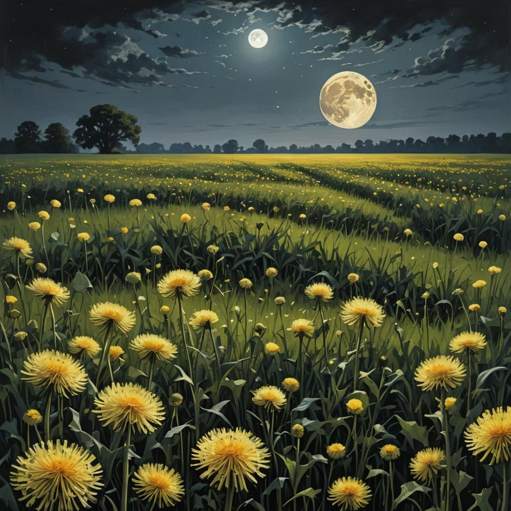 Sinister Moon Over Dandelion Field