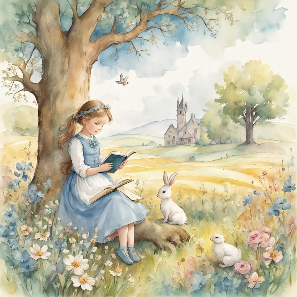 Whimsical Watercolor Scene of Bunny, Duck, and Little Girl i...