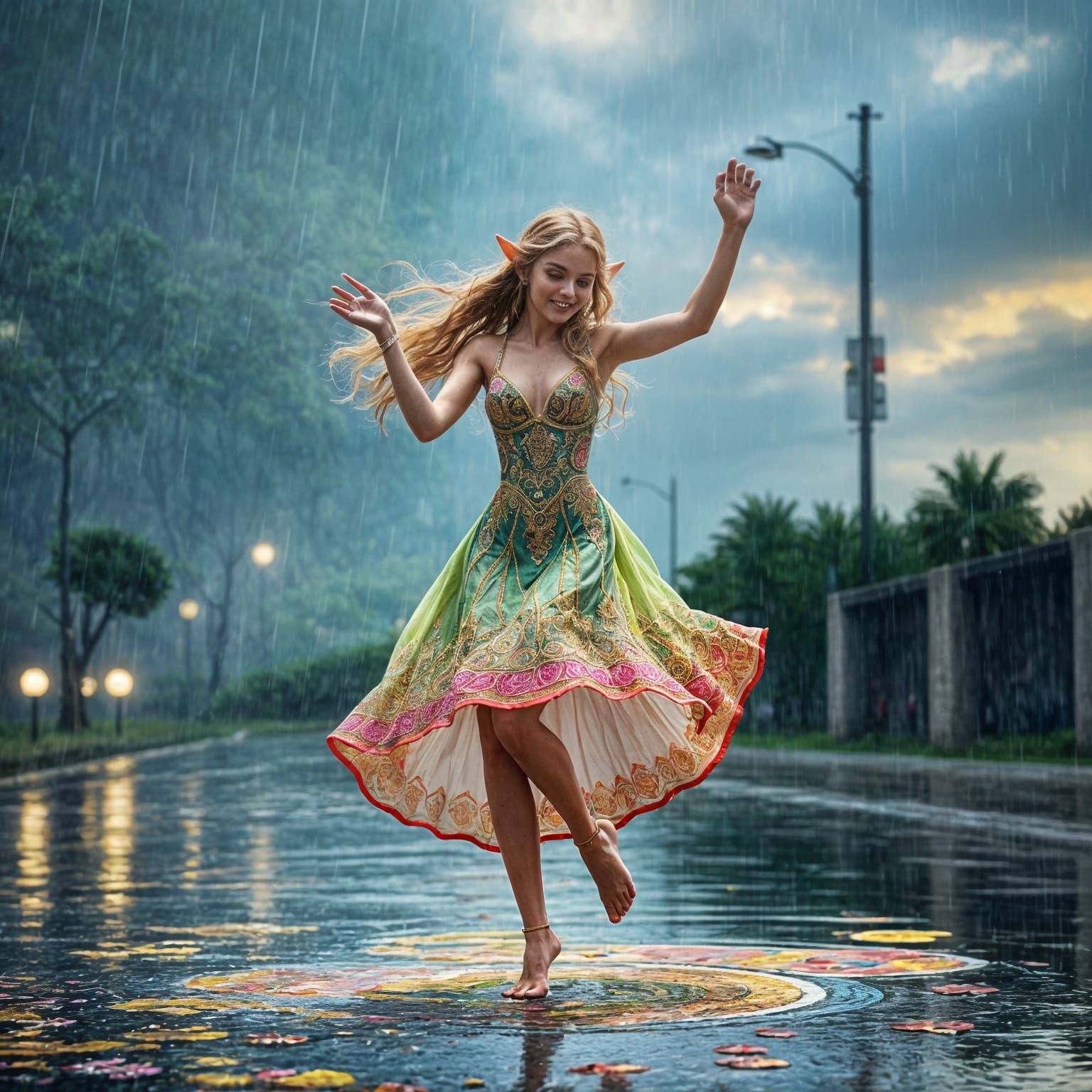 Ethereal Elf Maiden Dancing in Vibrant Rain