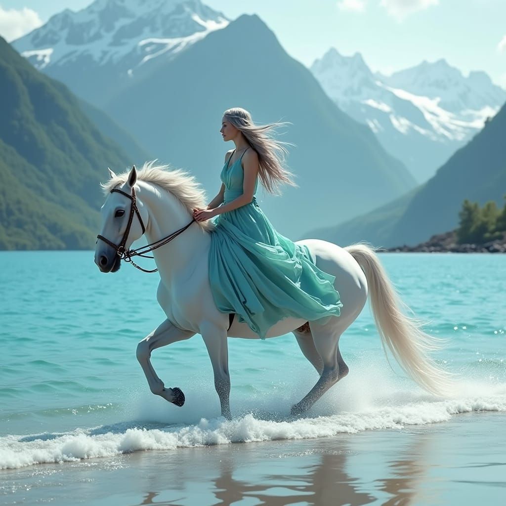Majestic White Horse Rides Along Ocean's Edge with Woman in ...