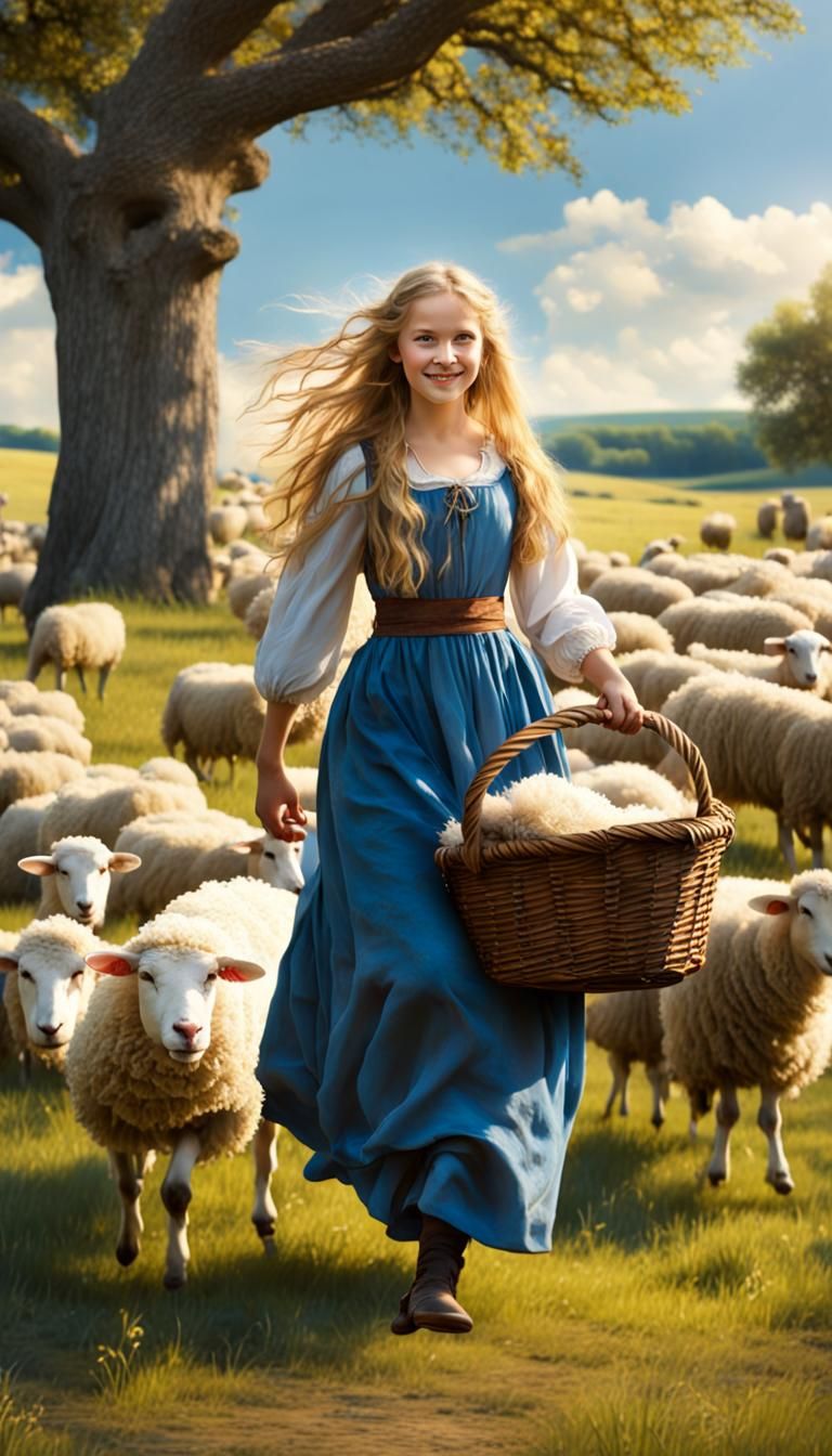 Medieval beautiful long haired blonde peasant girl herding sheep in a field. Her dress is blue and she's barefoot. She's...