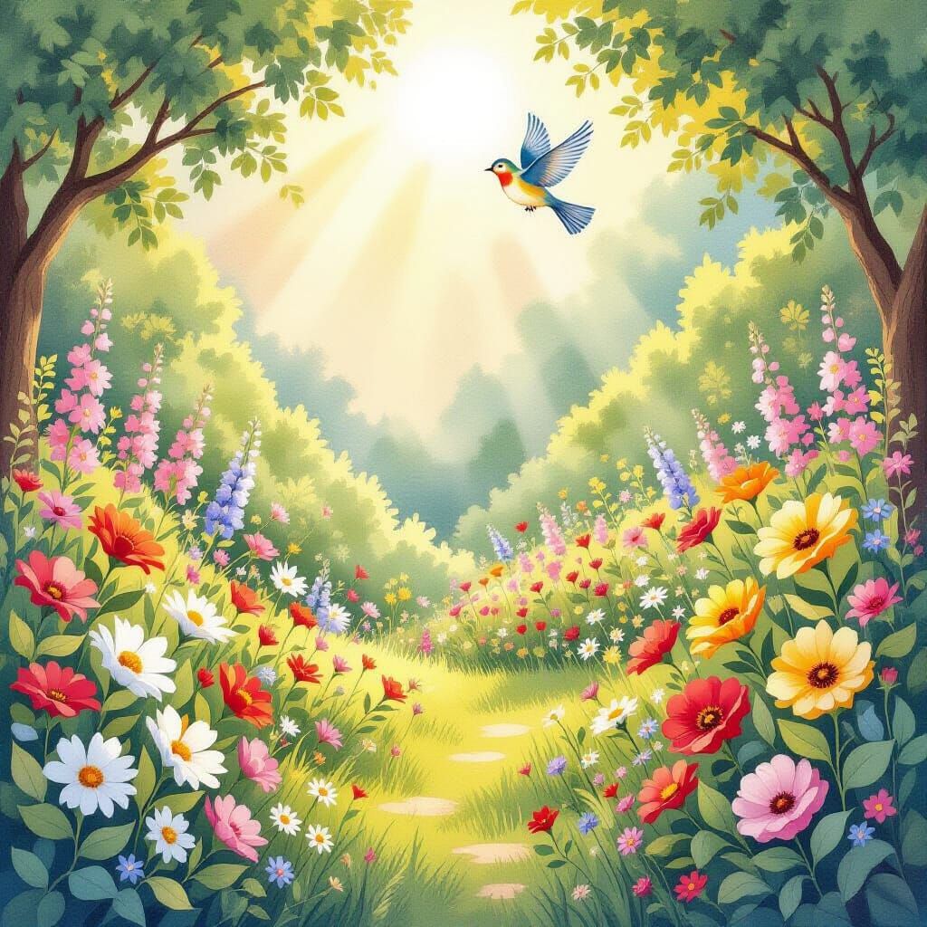 Whimsical Garden Storybook Illustration with Sunbeam and Lar...