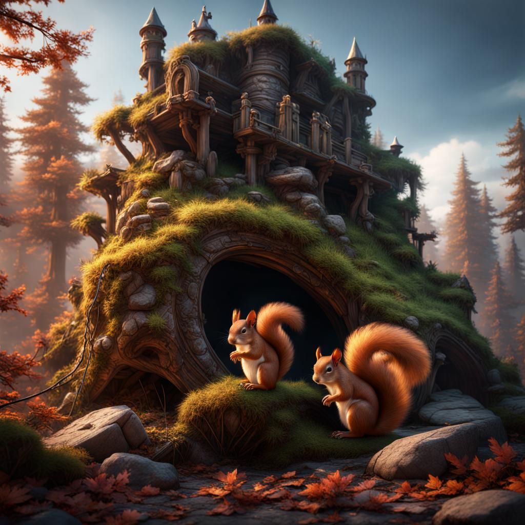 Big Red Squirrel in Detailed Matte Painting Style