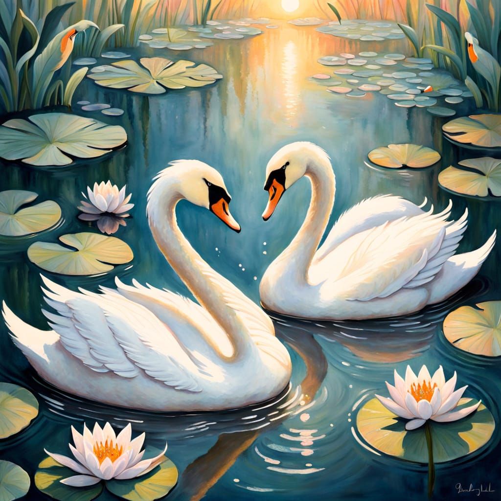 Whimsical Swans in a Serene Water Scene