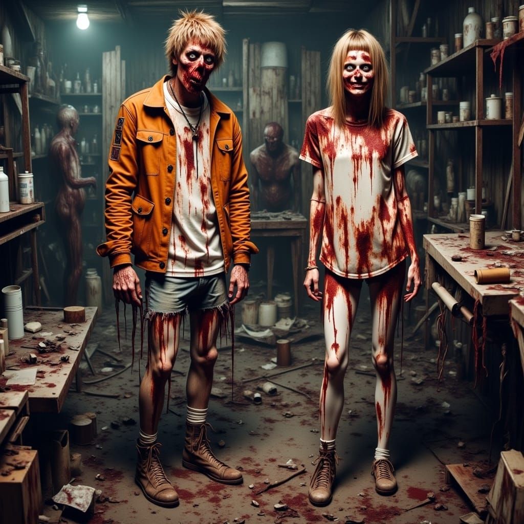 Zombie Couple at Repair Shop: Cinematic Film Still