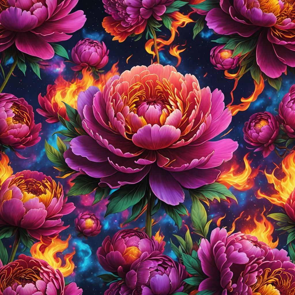 Neon Peony Flower in a Galaxy, Warhol Style