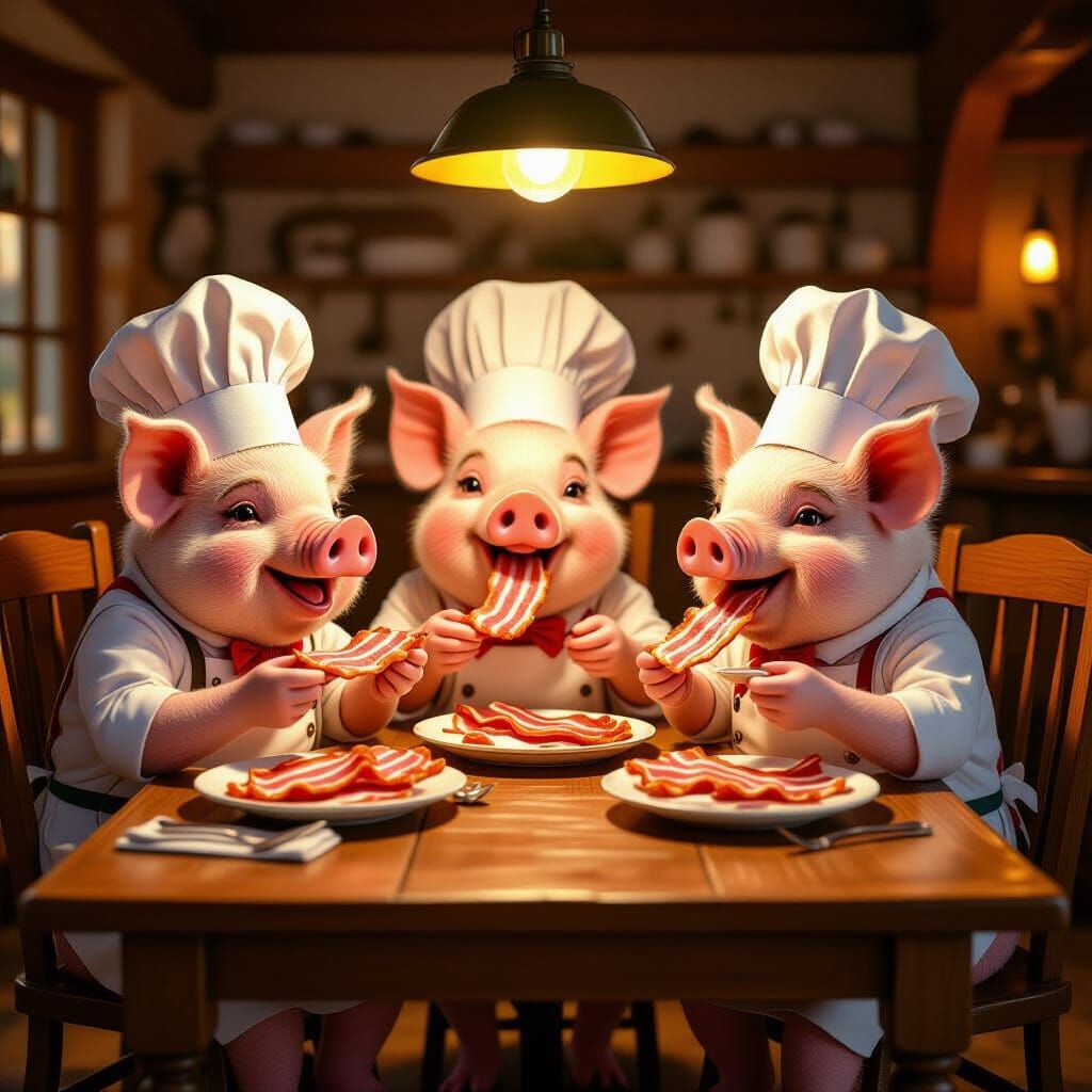 Pigs in Chef Hats Enjoying Bacon Feast in Golden Light